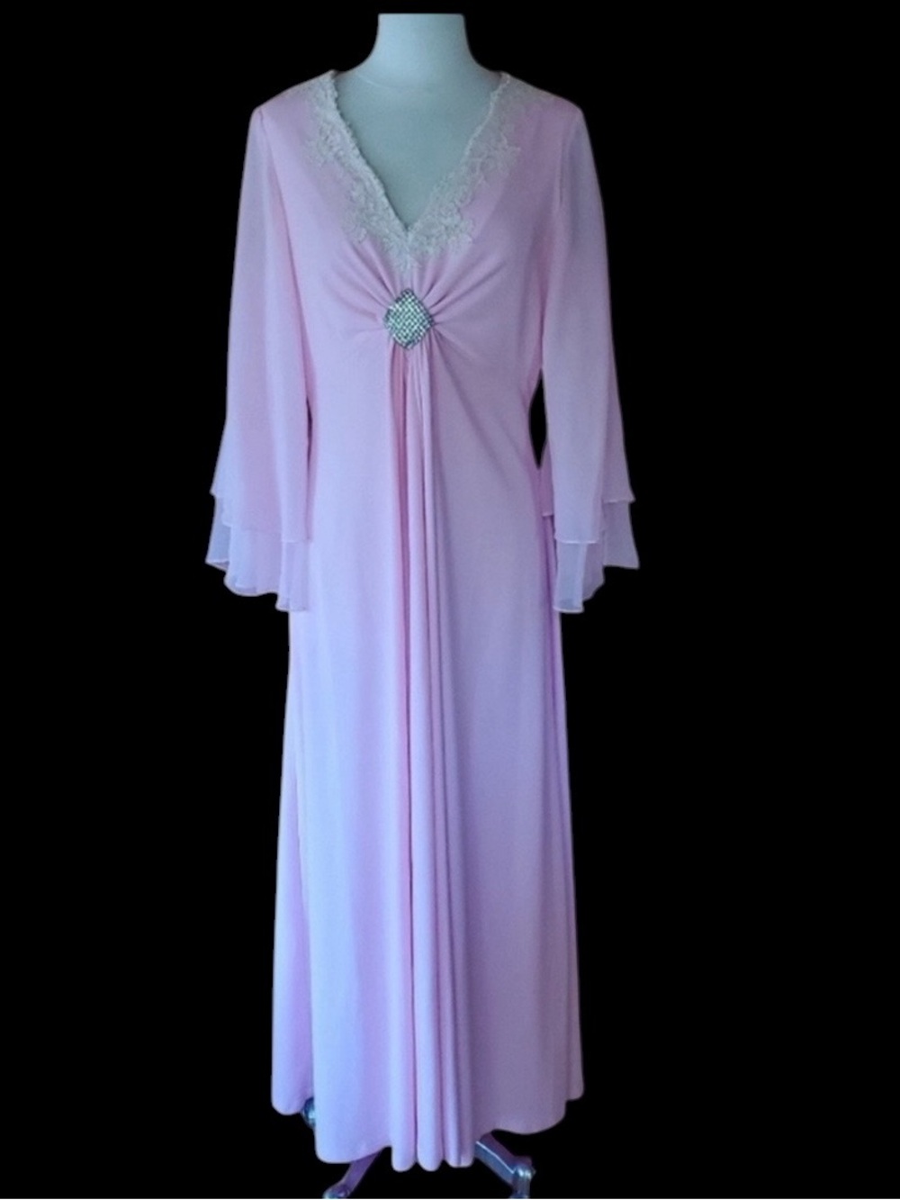 1970s Unlabeled Pink Polyester, Ivory Floral Lace Cottagecore Flowy Gown